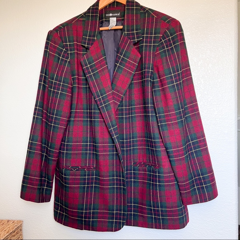 Vintage 80's Sag Harbor Tartan Plaid Red Green Blazer Jacket XL